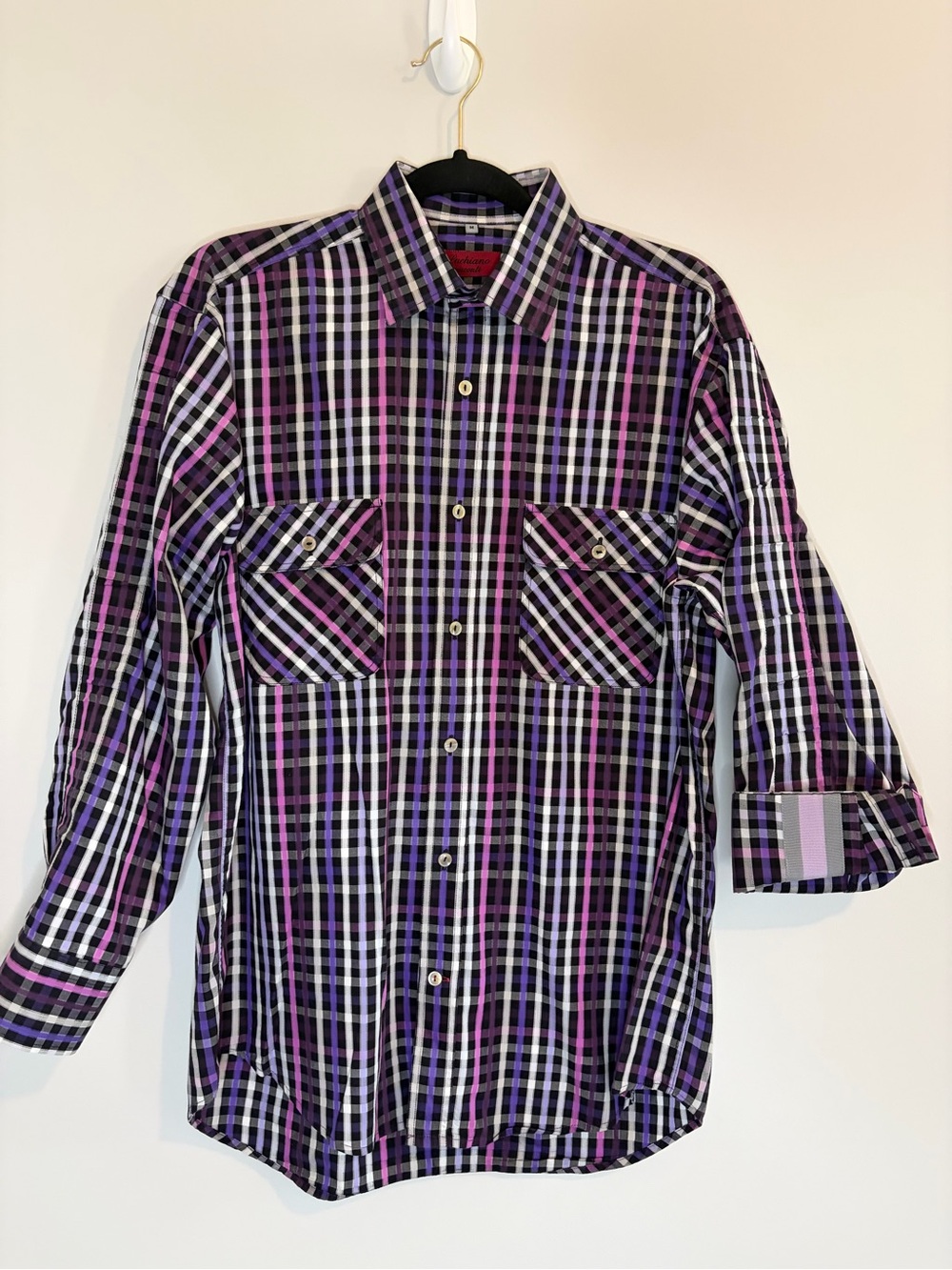 Men's Plaid Button-Down Shirt in Shades of Purple, Pink, Black and White Size M